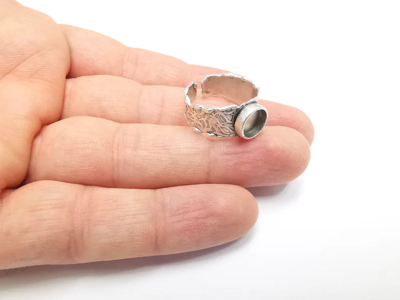Ring Setting Blank Cabochon Mounting Adjustable Resin Base Bezel Mosaic Ring, Tree Bark Patterned Antique Silver Plated Brass (8mm) G29641