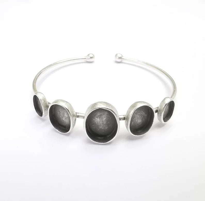 Oval Silver Bracelet Bezel Blank Resin Bezel Cabochon Cuff Base Adjustable Antique Silver Plated Brass (9x6mm+11x8mm+14x10mm Bezel) G29642