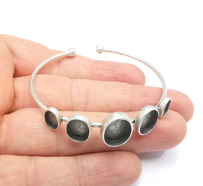 Oval Silver Bracelet Bezel Blank Resin Bezel Cabochon Cuff Base Adjustable Antique Silver Plated Brass (9x6mm+11x8mm+14x10mm Bezel) G29642
