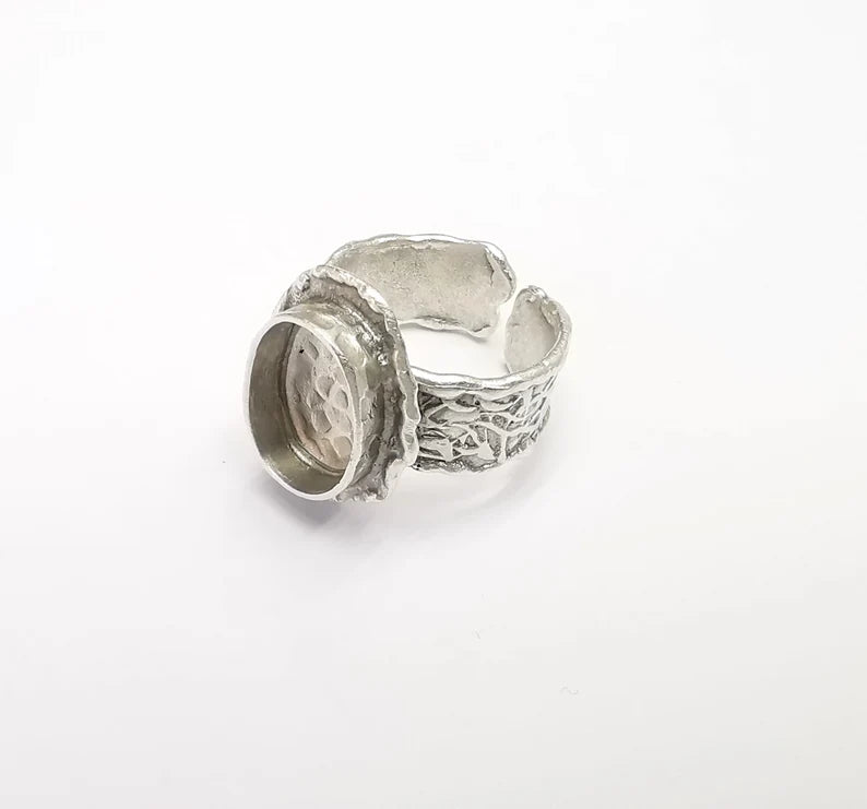 Ring Setting Blank Cabochon Mounting Adjustable Resin Base Bezel Mosaic Ring, Tree Bark Patterned Antique Silver Plated Brass (14x10) G29644