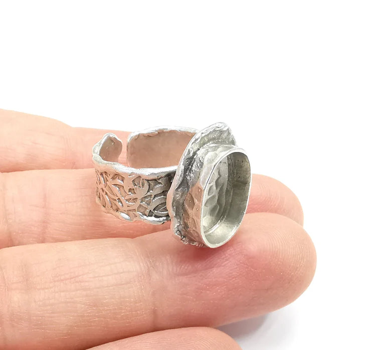 Ring Setting Blank Cabochon Mounting Adjustable Resin Base Bezel Mosaic Ring, Tree Bark Patterned Antique Silver Plated Brass (14x10) G29644
