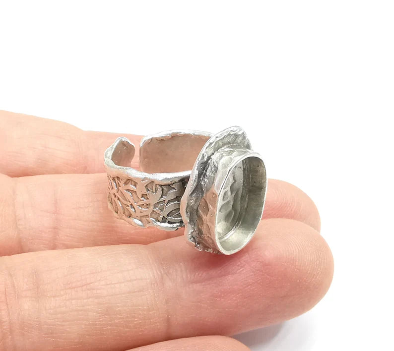 Ring Setting Blank Cabochon Mounting Adjustable Resin Base Bezel Mosaic Ring, Tree Bark Patterned Antique Silver Plated Brass (14x10) G29644