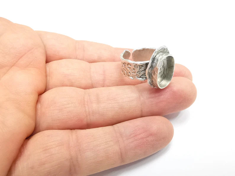 Ring Setting Blank Cabochon Mounting Adjustable Resin Base Bezel Mosaic Ring, Tree Bark Patterned Antique Silver Plated Brass (14x10) G29644