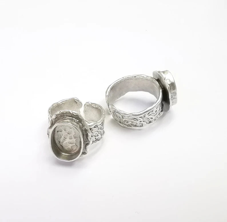 Ring Setting Blank Cabochon Mounting Adjustable Resin Base Bezel Mosaic Ring, Tree Bark Patterned Antique Silver Plated Brass (14x10) G29644