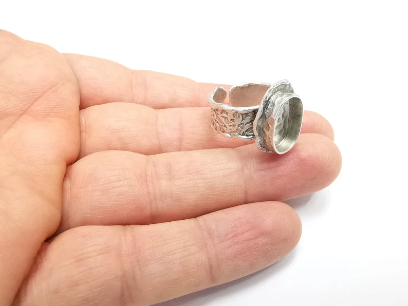 Ring Setting Blank Cabochon Mounting Adjustable Resin Base Bezel Mosaic Ring, Tree Bark Patterned Antique Silver Plated Brass (14x10) G29644