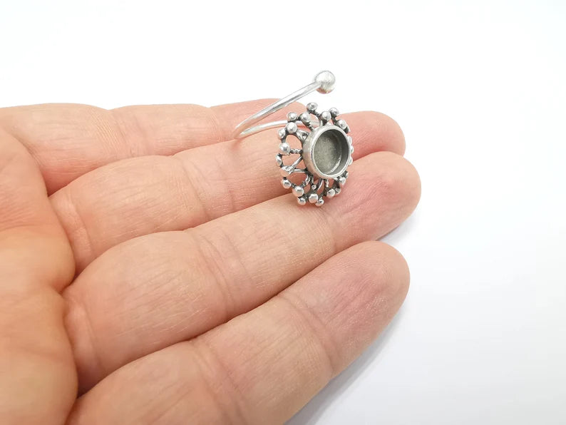 Flower, Sun Ring Setting Blank Cabochon Mounting Adjustable Resin Ring Base Mosaic Ring, Antique Silver Plated Brass (8mm bezel) G29645