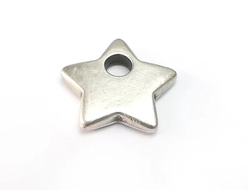 2 Star Big Hole Charms, Flat Charms, Antique Silver Plated (21mm) G29651