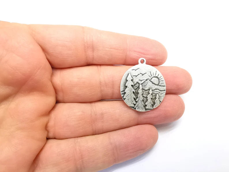 Sun Mountain Tree Landscape Charms Pendant Antique Silver Plated Charms (30x26mm) G29654