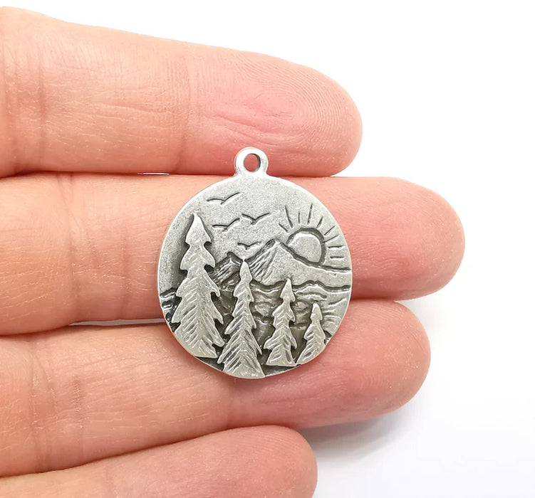 Sun Mountain Tree Landscape Charms Pendant Antique Silver Plated Charms (30x26mm) G29654