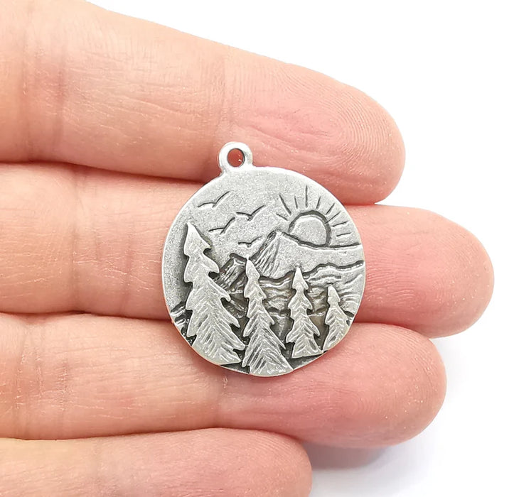 Sun Mountain Tree Landscape Charms Pendant Antique Silver Plated Charms (30x26mm) G29654