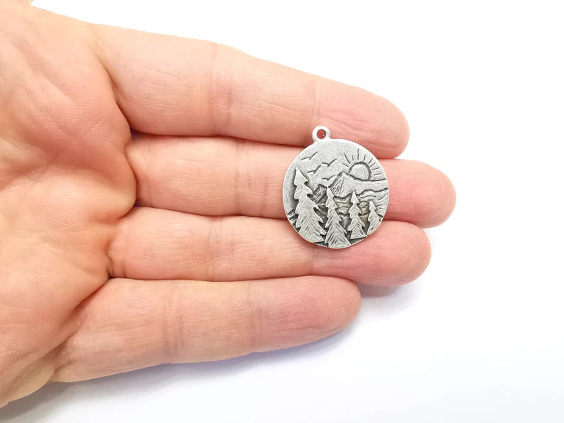 Sun Mountain Tree Landscape Charms Pendant Antique Silver Plated Charms (30x26mm) G29654