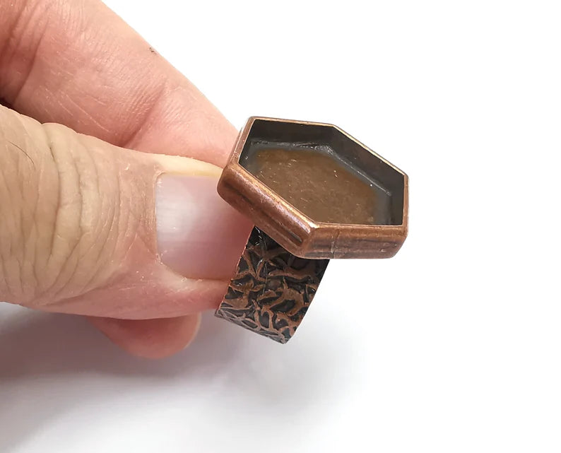 Hexagon Ring, Branch Ring Blank Setting, Cabochon Mounting, Adjustable Resin Base Bezels, Antique Copper Plated (20mm) G29657