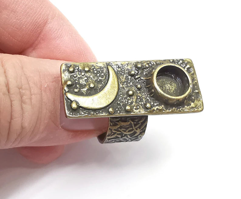 Sky Crescent Moon Ring Blank Setting, Cabochon Mounting, Adjustable Resin Ring Base, Antique Bronze Inlay Mosaic Ring Bezel (8mm) G29658
