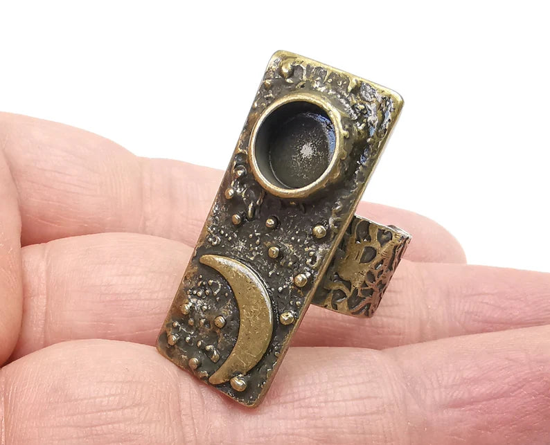 Sky Crescent Moon Ring Blank Setting, Cabochon Mounting, Adjustable Resin Ring Base, Antique Bronze Inlay Mosaic Ring Bezel (8mm) G29658