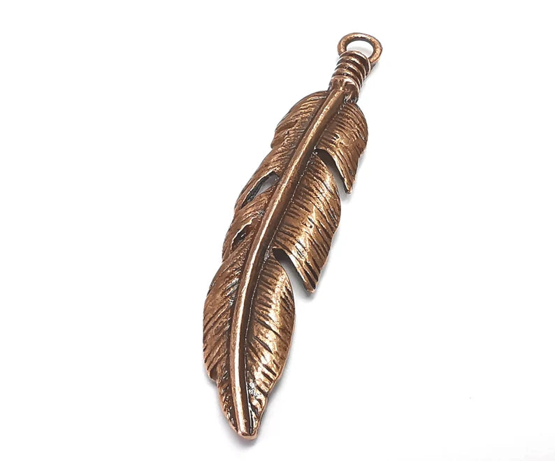 2 Feather Charms Pendant Antique Copper Plated Charms (52x11mm) G29786