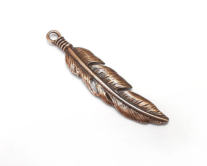 2 Feather Charms Pendant Antique Copper Plated Charms (52x11mm) G29786