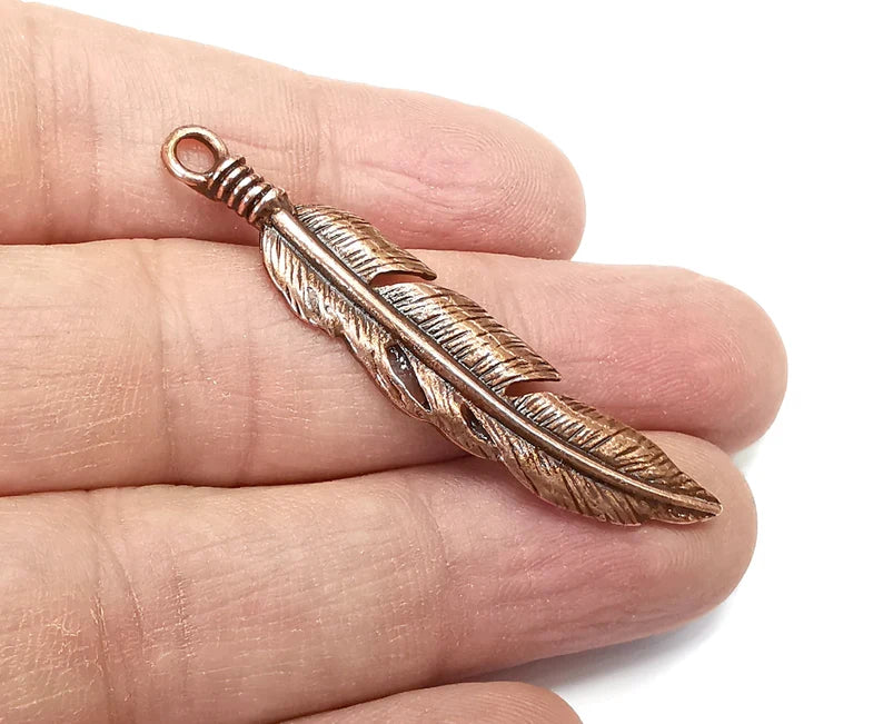 2 Feather Charms Pendant Antique Copper Plated Charms (52x11mm) G29786