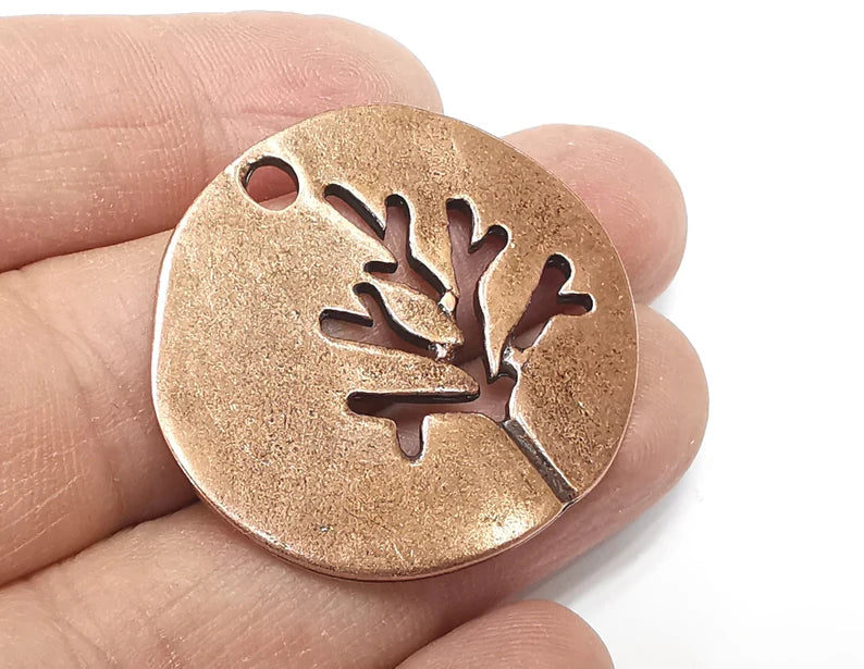 Tree Leaf Round Charms Pendant Antique Copper Plated Charms (38mm) G29789