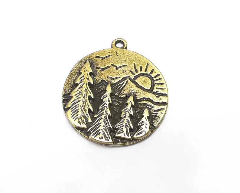 Sun Mountain Tree Landscape Charms Pendant Antique Bronze Plated Charms (30x26mm) G29791