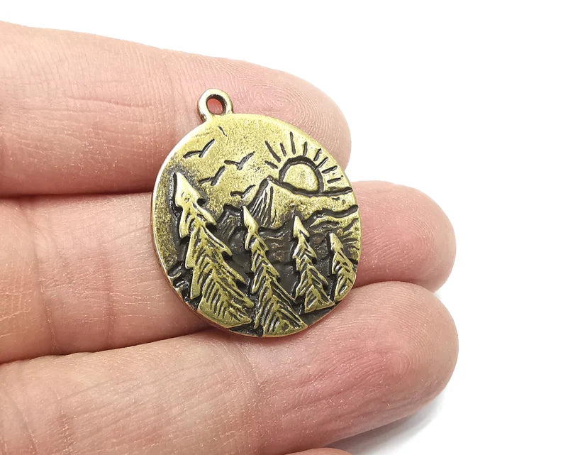 Sun Mountain Tree Landscape Charms Pendant Antique Bronze Plated Charms (30x26mm) G29791