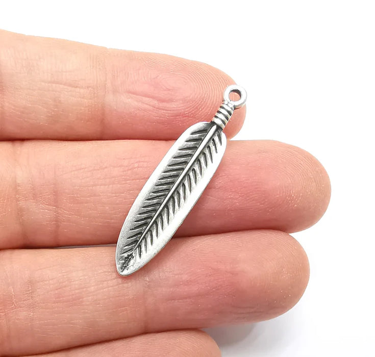 2 Feather Charms, Antique Silver Plated Charms Leaf Charms (38x9mm) G29685