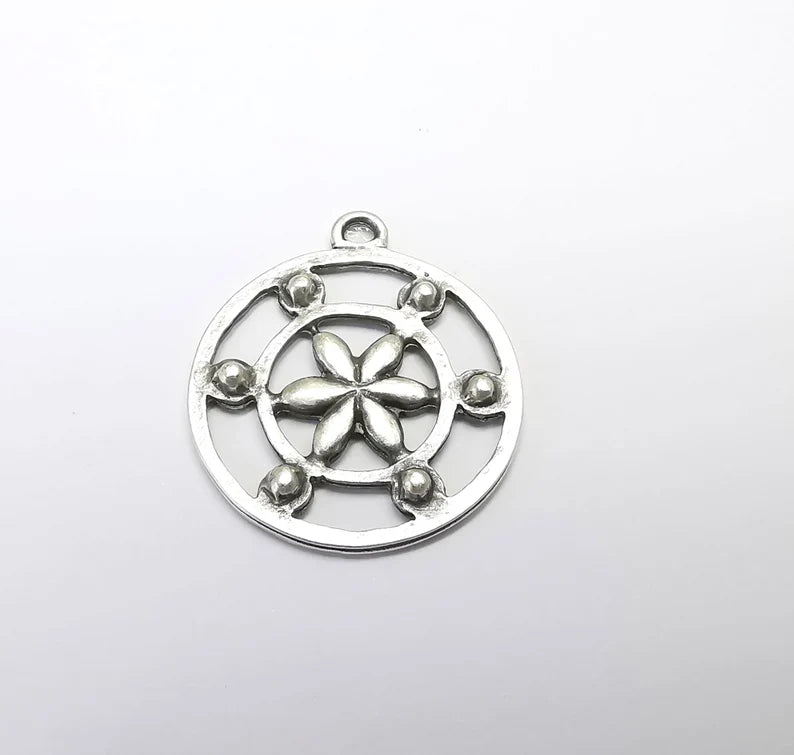 2 Flower Charms, Antique Silver Plated Pendant (30x26mm) G29694