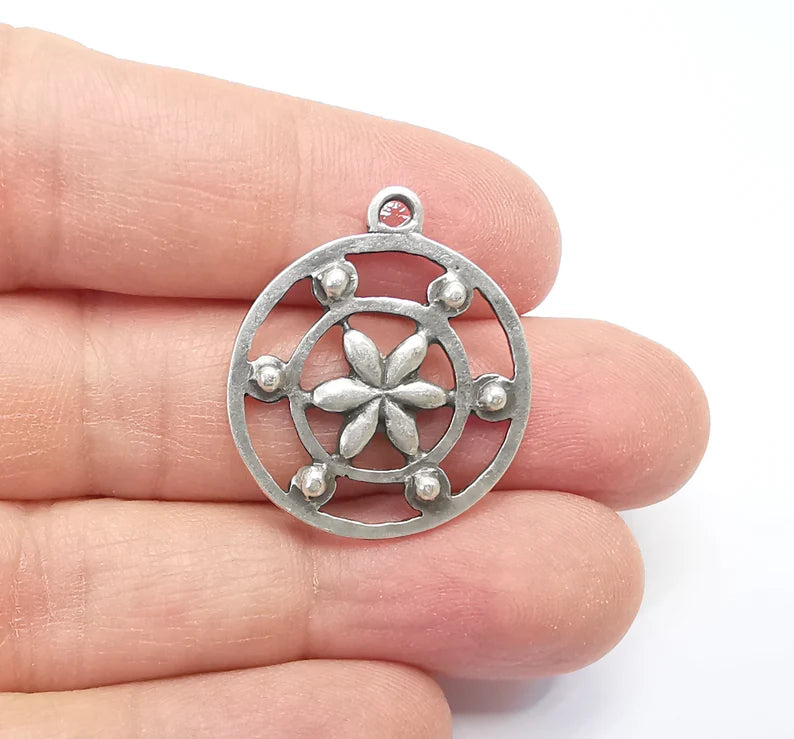 2 Flower Charms, Antique Silver Plated Pendant (30x26mm) G29694