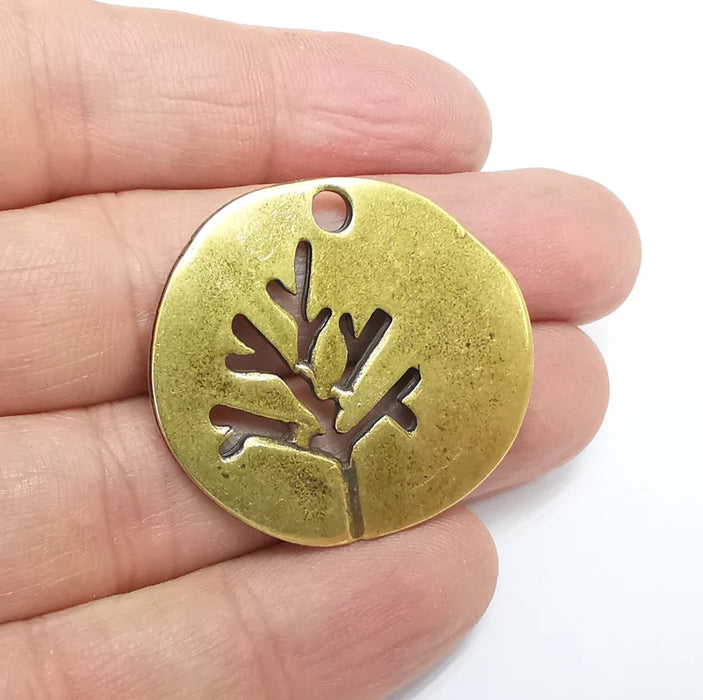 Tree Leaf Round Charms Pendant Antique Bronze Plated Charms (38mm) G29794