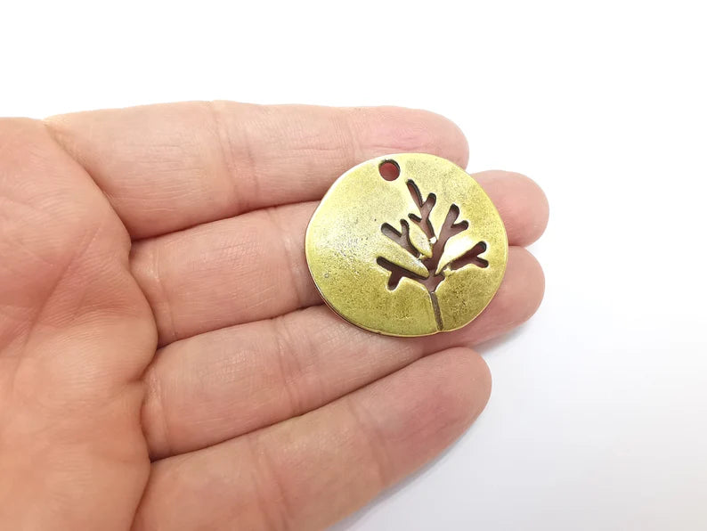 Tree Leaf Round Charms Pendant Antique Bronze Plated Charms (38mm) G29794