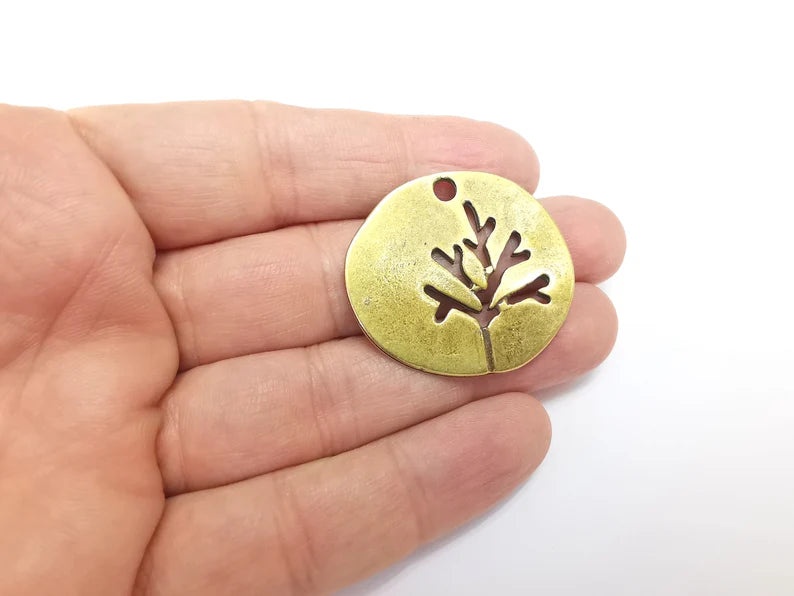 Tree Leaf Round Charms Pendant Antique Bronze Plated Charms (38mm) G29794