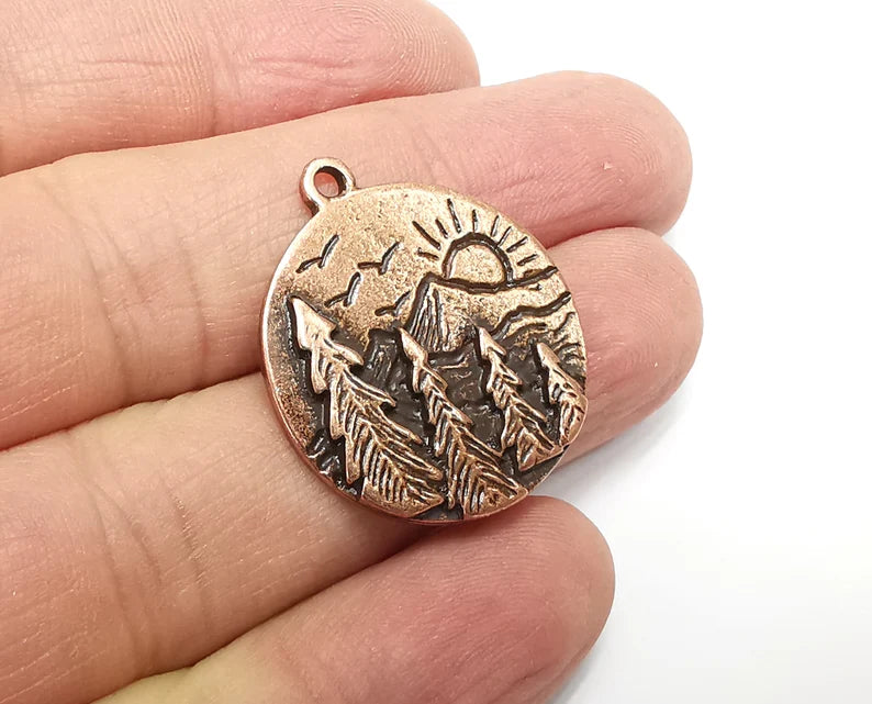 Sun Mountain Tree Landscape Charms Pendant Antique Copper Plated Charms (30x26mm) G29799