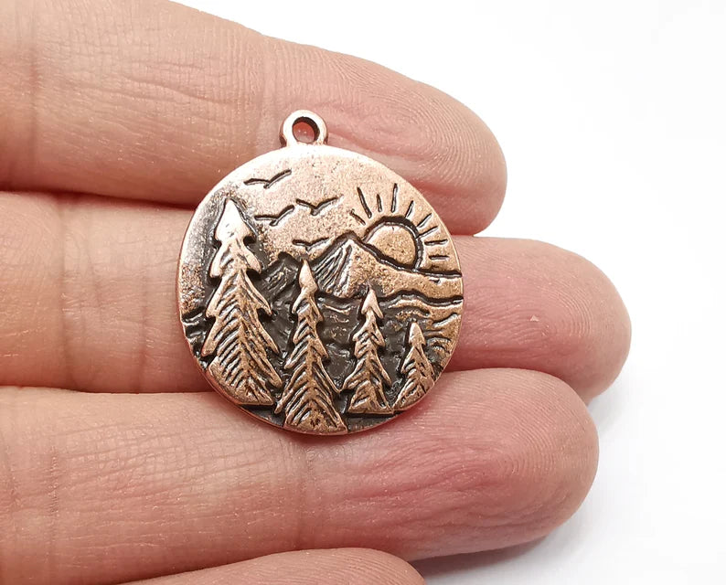 Sun Mountain Tree Landscape Charms Pendant Antique Copper Plated Charms (30x26mm) G29799