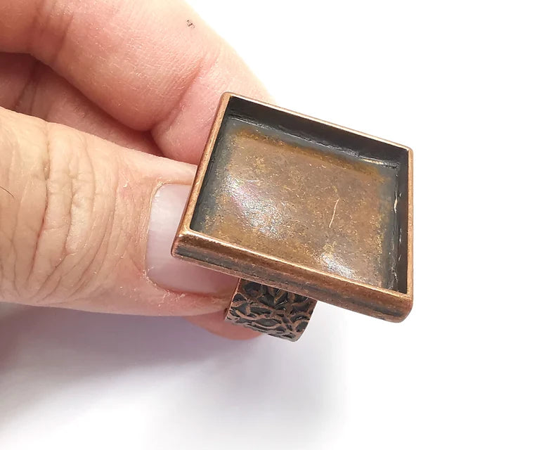 Square Ring Blank Setting, Cabochon Mounting, Adjustable Resin Ring Base, Inlay Ring Blank Mosaic Bezels Antique Copper Plated (25mm) G29696