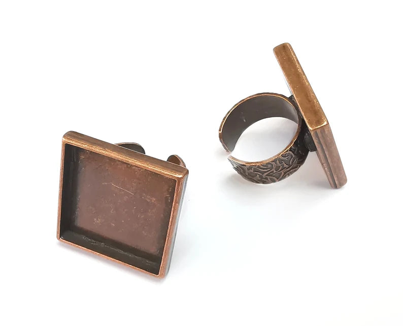 Square Ring Blank Setting, Cabochon Mounting, Adjustable Resin Ring Base, Inlay Ring Blank Mosaic Bezels Antique Copper Plated (25mm) G29696