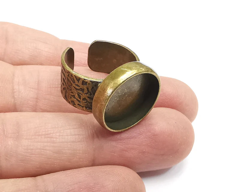 Round Ring Blank Setting, Cabochon Mounting, Adjustable Resin Ring Base, Inlay Ring Blank Mosaic Bezels Antique Bronze Plated (18mm) G29697