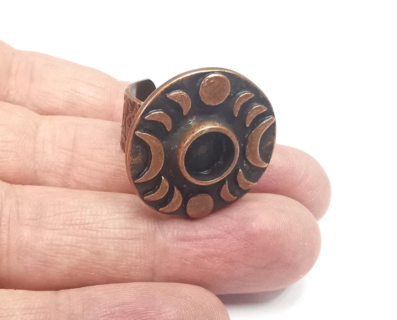 Crescent Moon Ring, The Phases of The Moon Ring Blank Setting, Cabochon Mounting, Adjustable Resin Base Bezels, Antique Copper (8mm) G29710