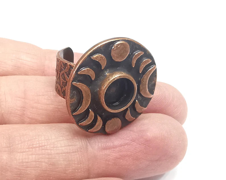 Crescent Moon Ring, The Phases of The Moon Ring Blank Setting, Cabochon Mounting, Adjustable Resin Base Bezels, Antique Copper (8mm) G29710