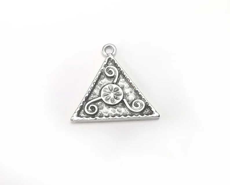 2 Triangle Flower Swirl Charms, Antique Silver Plated Pendant (25x25mm) G29711
