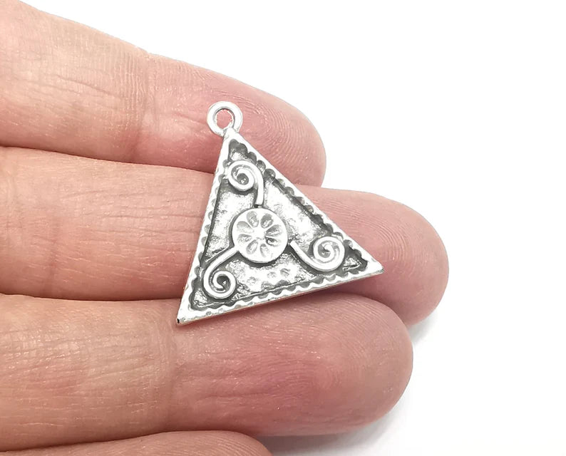 2 Triangle Flower Swirl Charms, Antique Silver Plated Pendant (25x25mm) G29711