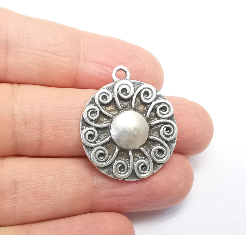 Antique Silver Charms Pendant Shining Star Charms, Sun Charm, Antique Silver Plated Charms (29x25mm) G29703
