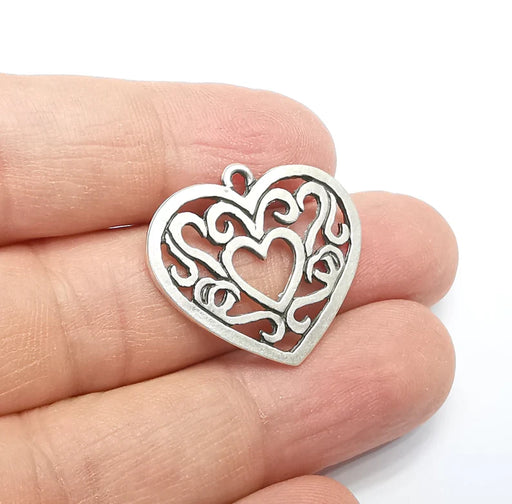 2 Heart Charms, Antique Silver Plated Charms (27x25mm) G29714