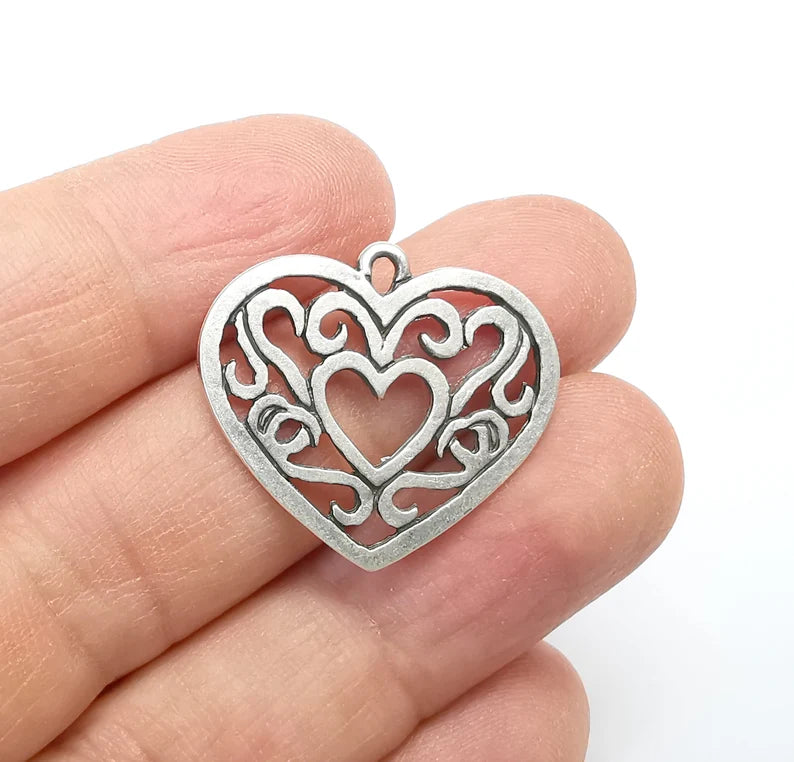 2 Heart Charms, Antique Silver Plated Charms (27x25mm) G29714