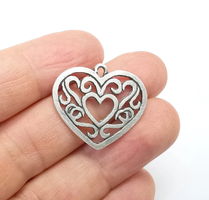 2 Heart Charms, Antique Silver Plated Charms (27x25mm) G29714