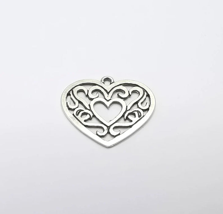 2 Heart Charms, Antique Silver Plated Charms (27x25mm) G29714