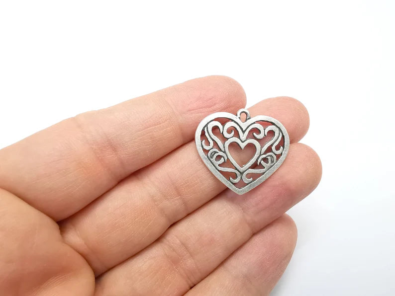 2 Heart Charms, Antique Silver Plated Charms (27x25mm) G29714