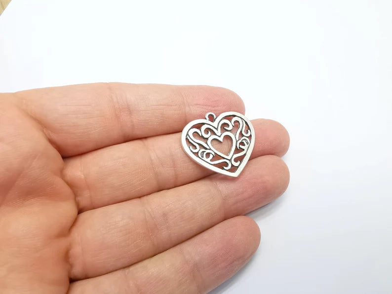 2 Heart Charms, Antique Silver Plated Charms (27x25mm) G29714