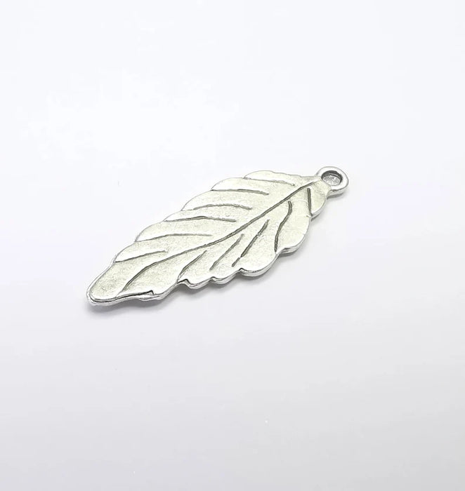 2 Leaf Charms, Antique Silver Plated Leafy Charms (35x15mm) G29716