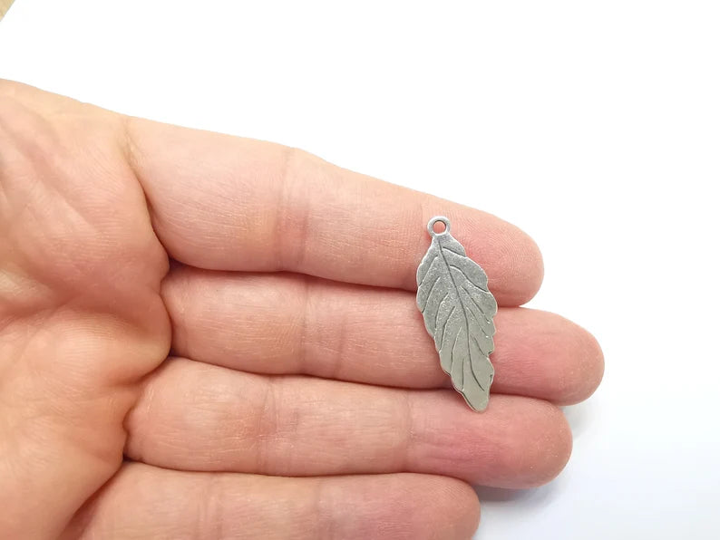 2 Leaf Charms, Antique Silver Plated Leafy Charms (35x15mm) G29716