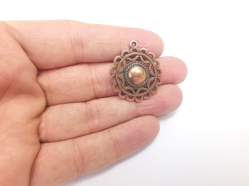 2 Flowers Charms, Antique Copper Plated Pendant (32x28mm) G29719