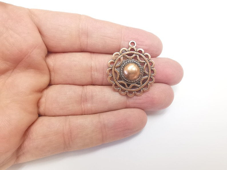 2 Flowers Charms, Antique Copper Plated Pendant (32x28mm) G29719